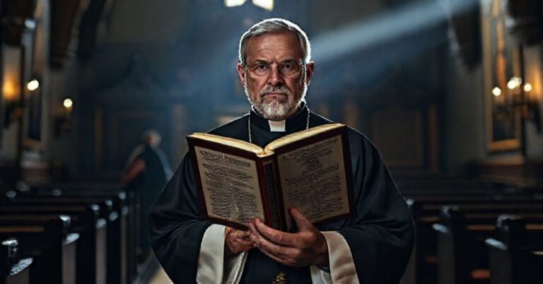 Sobór katolicki z tradycyjnym księdzem trzymającym książkę z nowoczesnymi reinterpretacjami Pisma Świętego