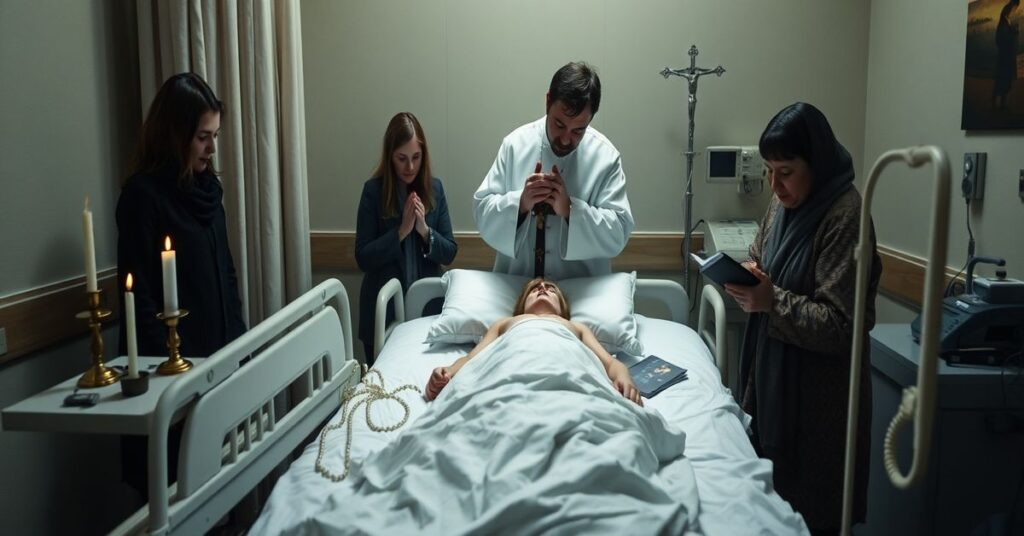 Uroczysty katolicki nekrolog dla aktorki Bożeny Dykiel z księdzem udzielającym ostatniego namaszczenia w szpitalnym pokoju z krucyfiksem i rodziną w modlitwie.