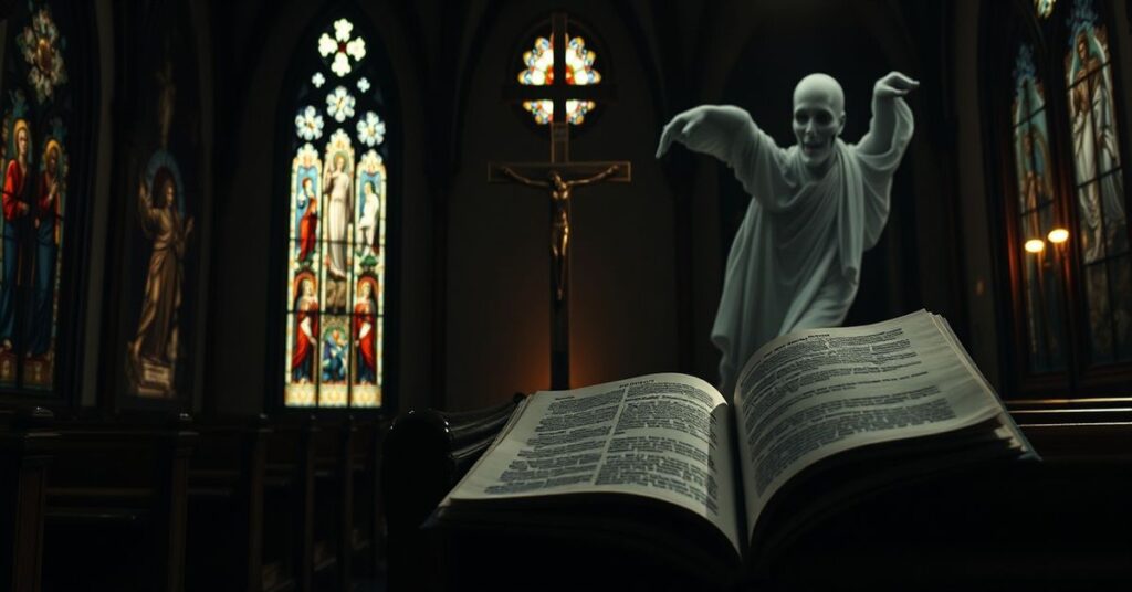 Pozornie katolicka scena z filmową projekcją duchów w tradycyjnym kościele