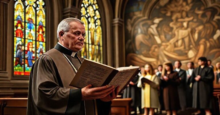 Tradycyjny katolicki kapłan w ornacie w kościele, kontrastujący z grupą modernistów w nieformalnym stroju.