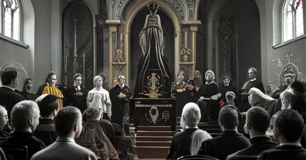 Ceremonia w Wyższym Seminarium Duchownym w Radomiu z Teresą Polaniec jako prezesem Neo-Akcji Katolickiej, otoczona przez modernistycznych duchownych i wiernych przy posągach fałszywego Jana Pawła II i tak zwanego Błogosławionego Wyszyńskiego.