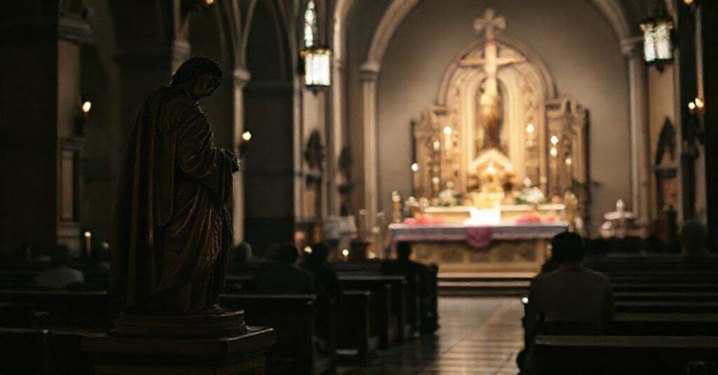 Przerażająco realistyczny obraz wnętrza tradycyjnego kościoła katolickiego z posągiem św. Jana od Krzyża na pierwszym planie. Scena jest oświetlona przez świece, z kilkoma pobożnymi katolikami klęczącymi w modlitwie. Tło przedstawia wyblakły, modernistyczny ołtarz z neo-karmelitami obchodzącymi jubileusz w kontrastie z wieczną świętością prawdziwej wiary.