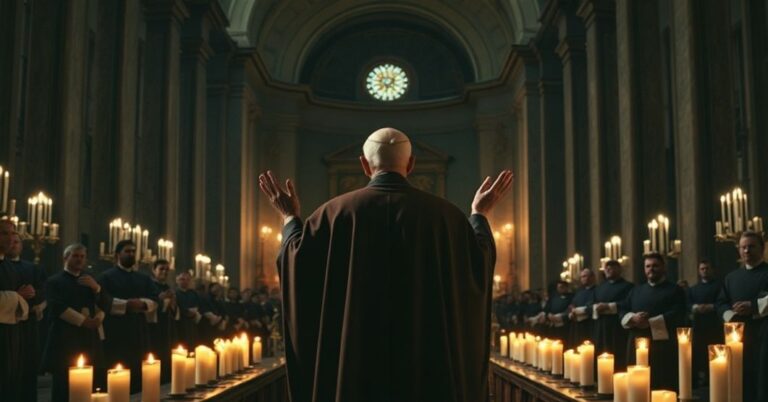 Wewnątrz Bazyliki Świętego Piotra przedstawiająca zdeformowane przedstawienie męczeństwa św. Szczepana z fałszywym papieżem 'Leona XIV' na oświetlonym przez świece ołtarzu.