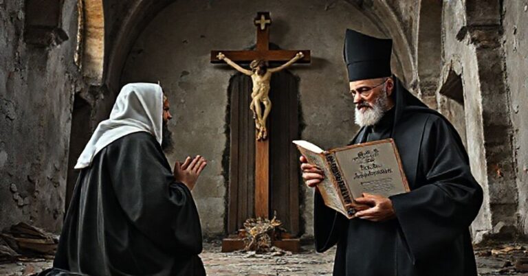 Klasyczny katolicki scenariusz przedstawiający mnicha trapistowskiego w modlitwie przed krzyżem, z kontrastem z modernistycznym księdzem trzymającym książkę o nowoczesnej duchowości. Tło ukazuje zaniedbany klasztor z elementami nowoczesnymi, symbolizując walkę między prawdziwą ascezą a neo-katolicką mistycznością.