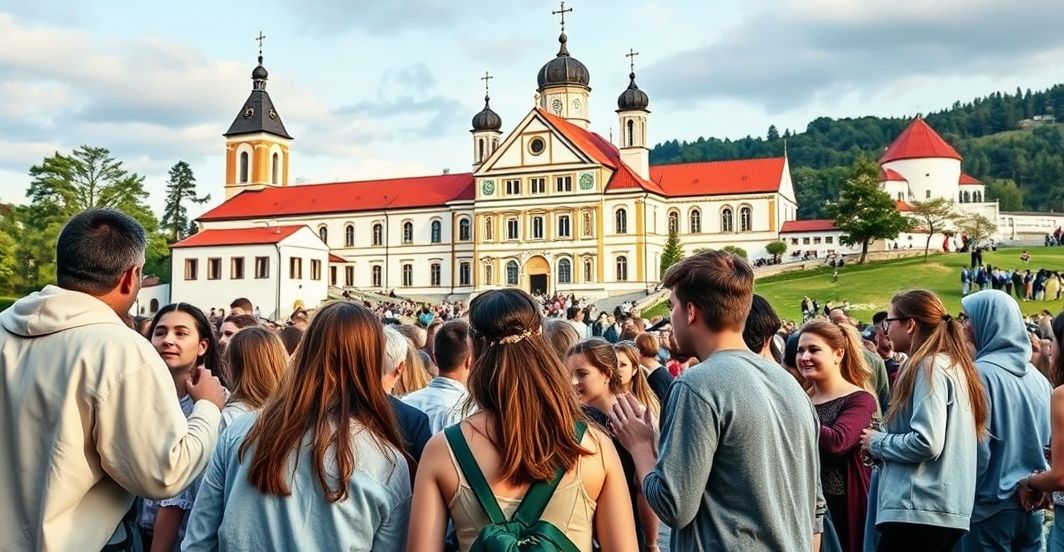Grupa młodych ludzi uczestniczących w neo-katolickiej pielgrzymce na Jasną Górę, przedstawiającą odchylenie od tradycyjnych praktyk katolickich.