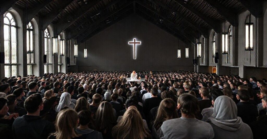 Zgromadzenie młodzieży w nowoczesnej konstrukcji kościelnej w Warszawie, z fałszywymi liturgiami i kontrowersyjnymi osobami.