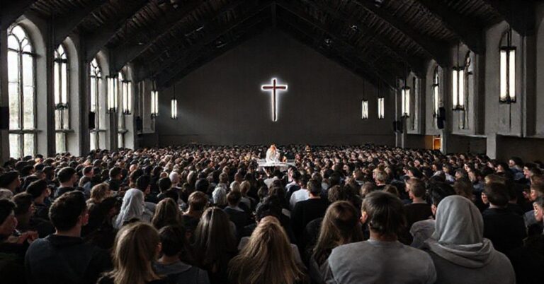 Zgromadzenie młodzieży w nowoczesnej konstrukcji kościelnej w Warszawie, z fałszywymi liturgiami i kontrowersyjnymi osobami.
