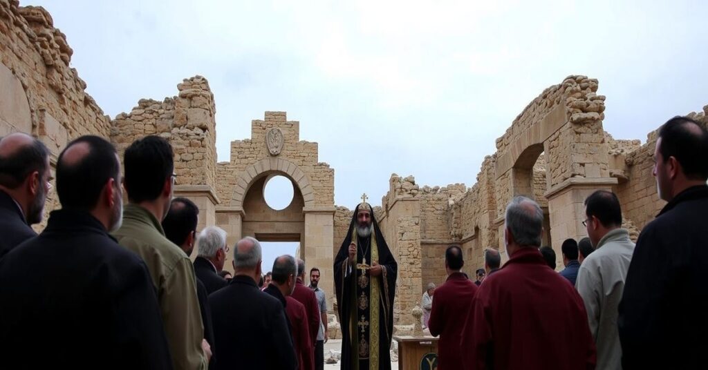 Grupa maronickich neo-katolików zgromadzona w ruinach sanktuarium św. Marona w Bradzie w Syrii podczas liturgii prowadzonej przez "ks." Ghandiego Mahannę. Scena jest poważna i emocjonalna.