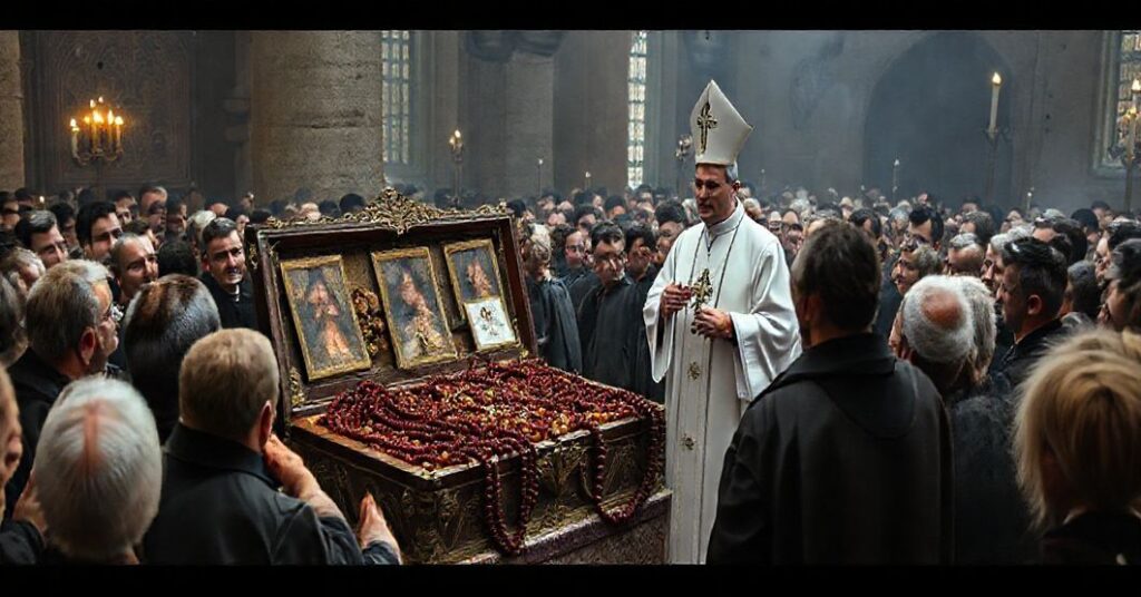 Tradycyjny katolicki obraz przedstawiający uroczystość na Jasnej Górze z masowym różańcem i rzekomymi relikwiami fałszywie beatyfikowanych, otoczonych zmieszanymi i niepewnymi wiernymi. Na obrazie widać wielką, ozdobną skrzynię zawierającą różaniec z rzekomymi relikwiami, podczas gdy modernistyczny ksiądz w białej szacie wygłasza przemówienie. Atmosphera jest poważna, z mieszanką pobożności i niepokoju, odzwierciedlająca błędy teologiczne i duchowe niebezpieczeństwa spektaklu neo-katolickiego.