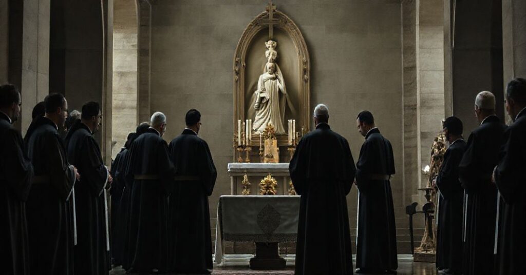 Zdjęcie przedstawiające modernistyczne zgromadzenie rzekomego duchownego w Garnierówce, ukazującego pustkę duchową neo-kleru