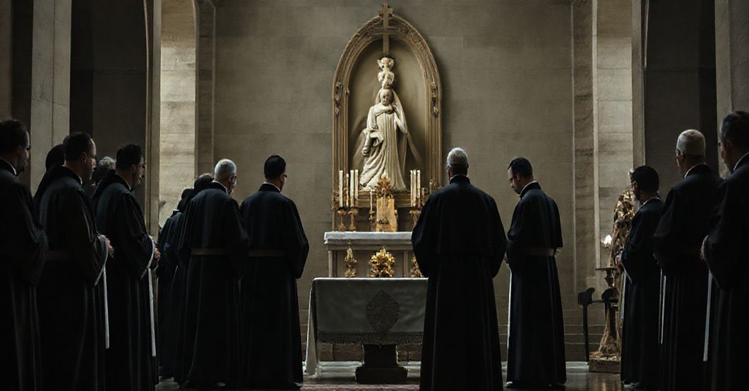 Zdjęcie przedstawiające modernistyczne zgromadzenie rzekomego duchownego w Garnierówce, ukazującego pustkę duchową neo-kleru