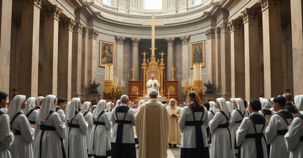 Uroczystość w bazylice św. Piotra w Rzymie z fałszywym "Dniem Życia Konsekrowanego", prowadzona przez uzurpatora Leona XIV. Neo-konsekrowani w nowoczesnych strojach zamiast tradycyjnych habitów