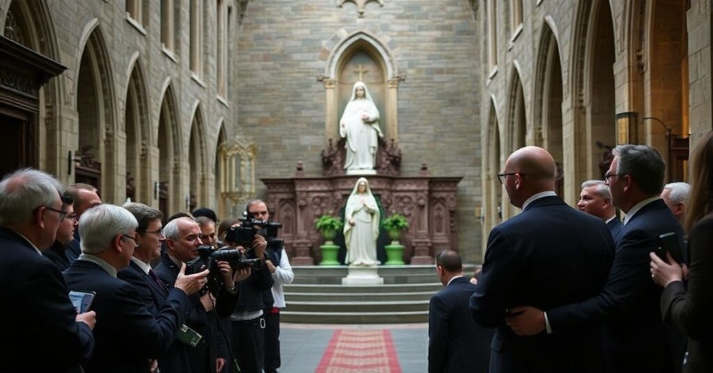Obraz przedstawiający fałszywą propagandę nowego Kościoła promującego dialog bez Chrystusa w Sanktuarium w Lourdes