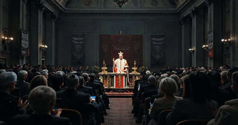 Scena z neo-modernistycznej konferencji "Forum MOSTY" w Warszawie z "biskupem" Grzegorzem Suchodolskim prowadzącym pseudo-mszę.