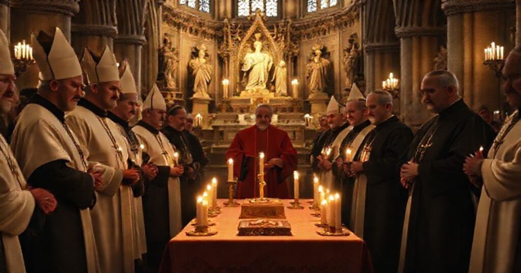 Zdjęcie przedstawiające neo-kościelne zgromadzenie biskupów w katedrze oliewskiej w Gdańsku podczas farsy 100-lecia apostazji nowego kościoła.