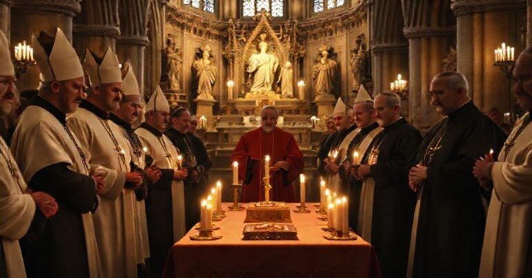 Zdjęcie przedstawiające neo-kościelne zgromadzenie biskupów w katedrze oliewskiej w Gdańsku podczas farsy 100-lecia apostazji nowego kościoła.