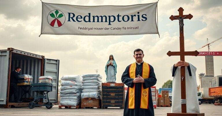 Obraz przedstawiający neo-kościelną fundację "Redemptoris Missio" ładowania kontenera z pomocą medyczną dla Madagaskaru bez prawdziwej ewangelizacji.