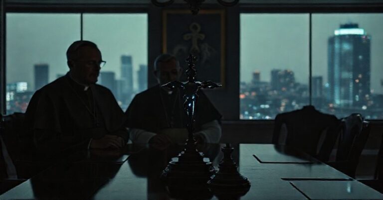 Scena konferencji kościolnej o sztucznej inteligencji z ks. Renzo Pegoraro i professorsem Bernardem Ars