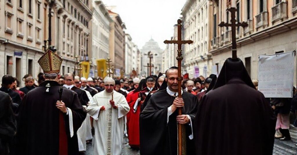 Procesja neokatolicka bez tradycyjnych elementów religijnych w Rzymie