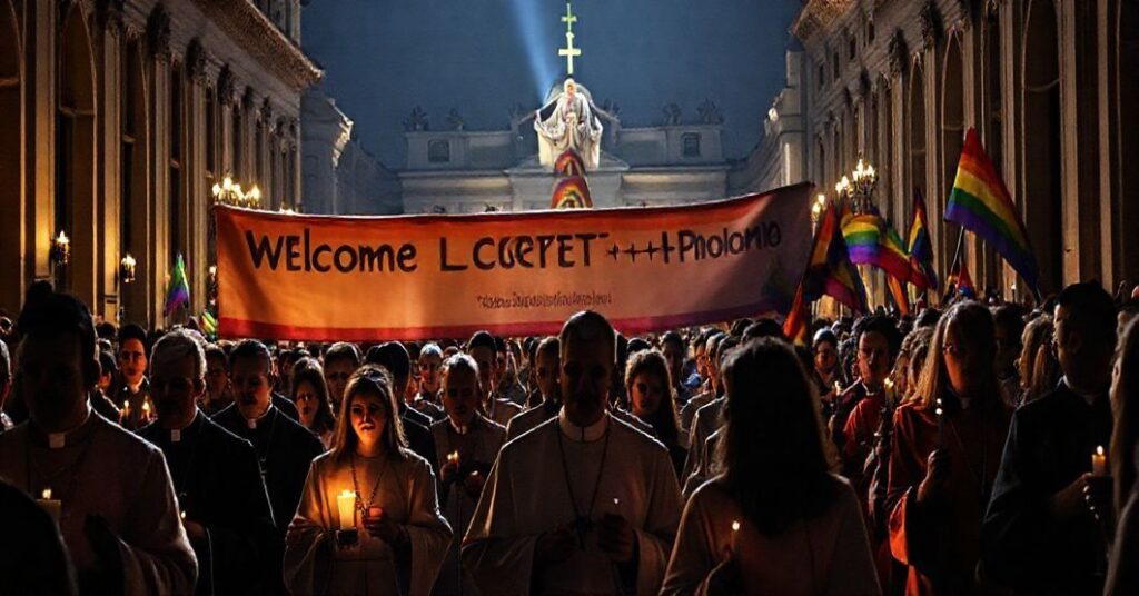 Pielgrzymka sodomitów w Watykanie pod przewodnictwem modernistycznego duchownego, kontrastująca z tradycyjnymi katolikami modlącymi się w procesji