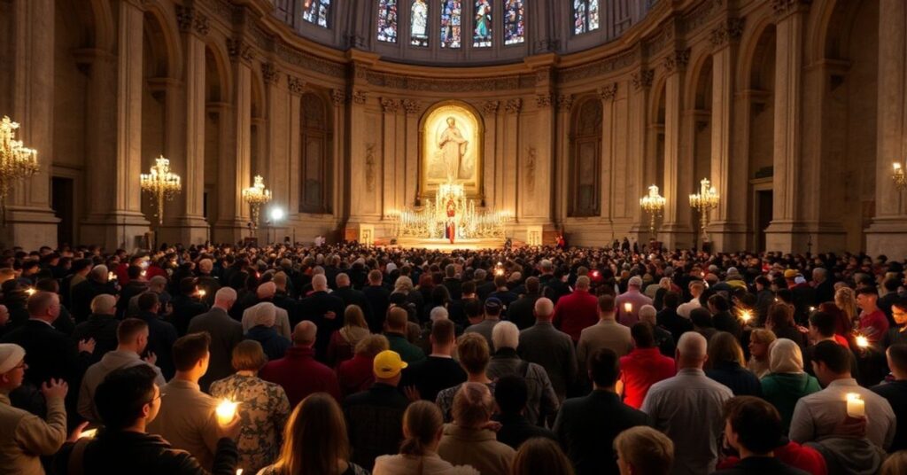 Tysiące uczestników uczestniczą w modlitewnej wigilii w Bazylice Narodowego Sanktuarium Niepokalanego Poczęcia w Waszyngtonie. Scena przedstawia tłumy młodych ludzi modlących się podczas "Świętej Godziny" z wystawionym "Najświętszym Sakramentem".