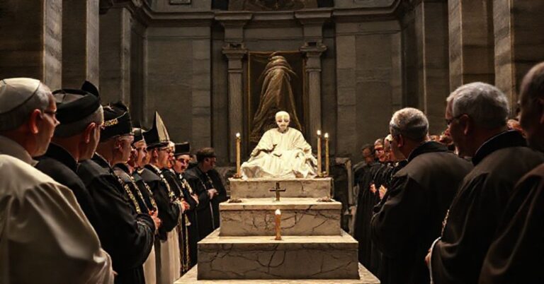 Grupa duchownych i wiernych modli się przy grobie "św." Jana Pawła II w Bazylice Watykańskiej podczas neo-kościelnej pseudo-pielgrzymki.