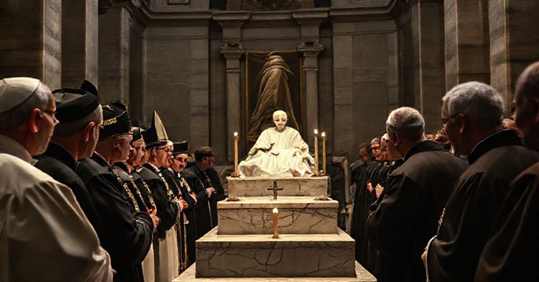 Grupa duchownych i wiernych modli się przy grobie "św." Jana Pawła II w Bazylice Watykańskiej podczas neo-kościelnej pseudo-pielgrzymki.