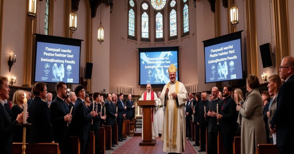 Wnętrze konkatedry św. Jakuba w Olsztynie podczas neo-modernistycznej "Uroczystości Życia Konsekrowanego", pokazujące brak tradycyjnej pobożności i pustkę doktrynalną.