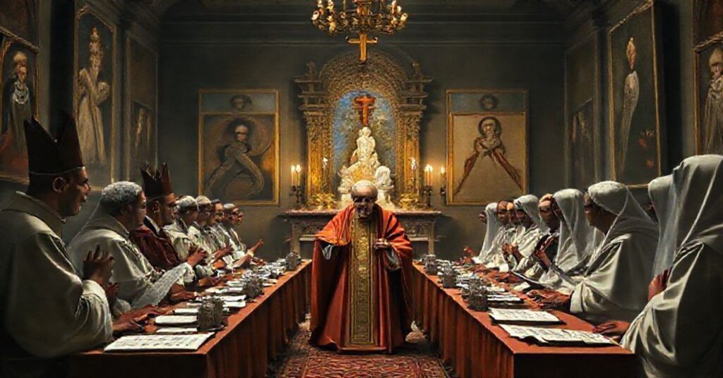 Symboliczne zebranie modernistycznych duchownych dyskutujących o doświadczeniach mistycznych pod przewodnictwem fałszywego papieża Leona XIV