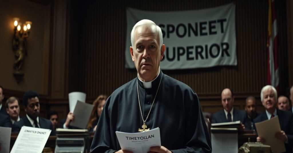 Scena sądowa przedstawiająca faux-arcybiskupa Timothy Dolana w obliczu oskarżeń o ukrywanie nadużyć duchownych przez neo-kościół