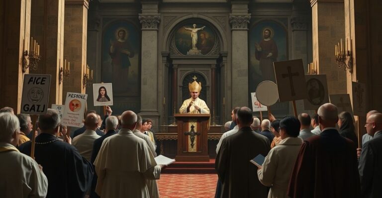 Grupa osób uczestniczących w kontrowersyjnej neo-kościelnej konferencji w Rzymie, symbolizująca synkretyzm i odchylenie od prawdziwej wiary katolickiej.