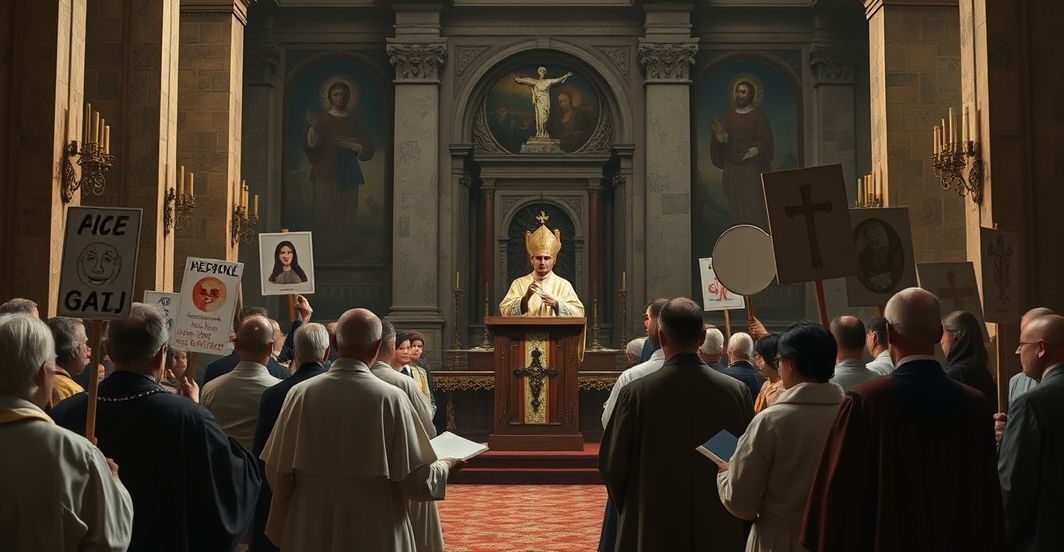 Grupa osób uczestniczących w kontrowersyjnej neo-kościelnej konferencji w Rzymie, symbolizująca synkretyzm i odchylenie od prawdziwej wiary katolickiej.