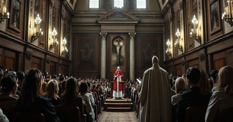 Tradcyjna sala katolicka podczas wydarzenia religijnego z młodymi ludźmi słuchającymi przemożnego przemówienia, kontrastującą z duchowym przekazem.