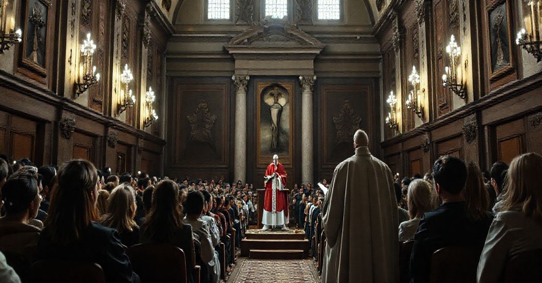 Tradcyjna sala katolicka podczas wydarzenia religijnego z młodymi ludźmi słuchającymi przemożnego przemówienia, kontrastującą z duchowym przekazem.