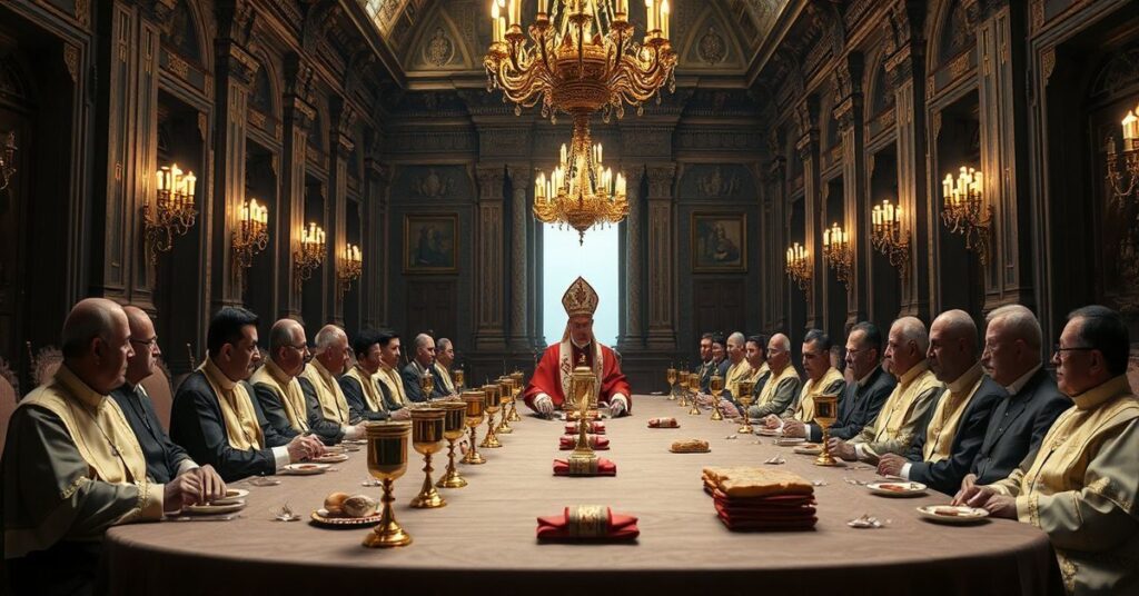 Scena bankietu w Watykanie z Robertem Prevostem i peruwiańskimi biskupami modernistów.