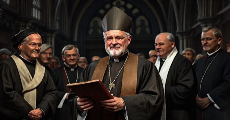 Portret "abp" Alfonsa Nossola podczas przyjmowania kontrowersyjnej nagrody w uniwersyteckiej sali z modernistyczną architekturą