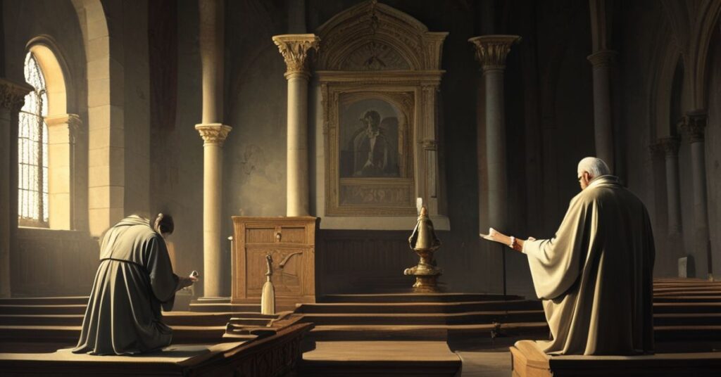 Wnętrze tradycyjnego kościoła z pustym ołtarzem i opuszczonym Dei Verbum na ambonie. Stara kobieta modli się w smutku podczas modernistycznej kazań.