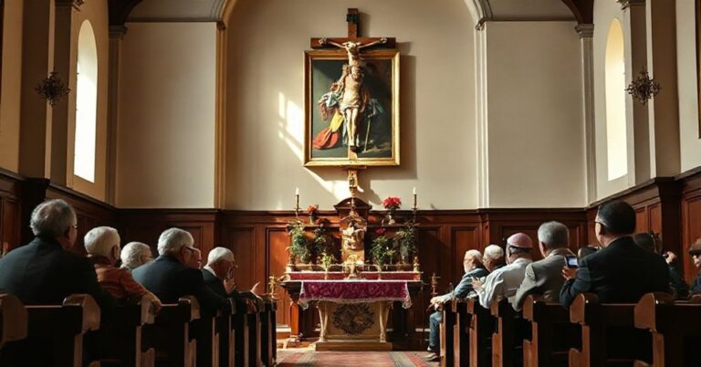 Wnętrze tradycyjnego kościoła katolickiego z grupą profesorów i artystów dyskutujących pod portretem Karola Wojtyły w obecności krucyfiksu.