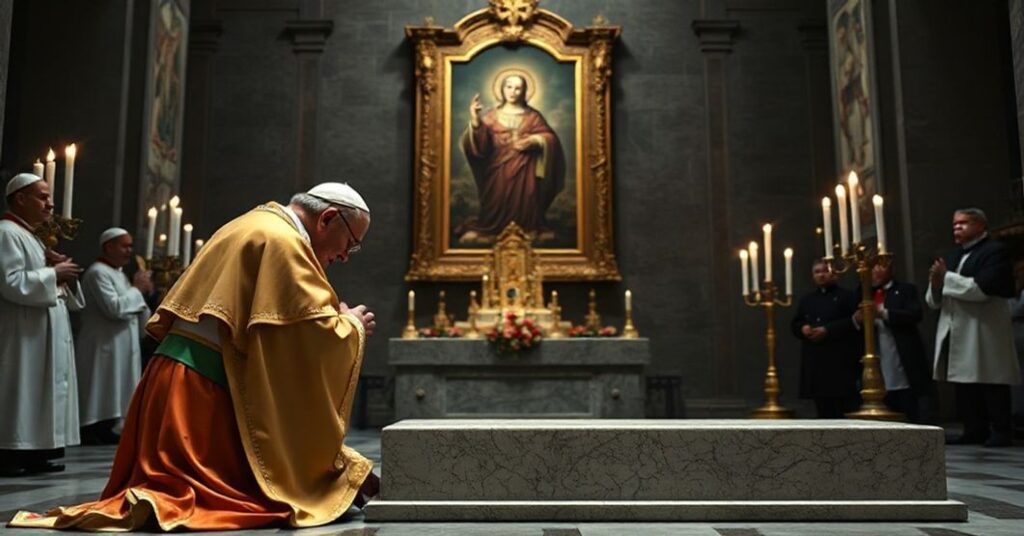 Obraz przedstawiający neo-kościelny rytuał przy grobie fałszywego papieża w bazylice Santa Maria Maggiore.