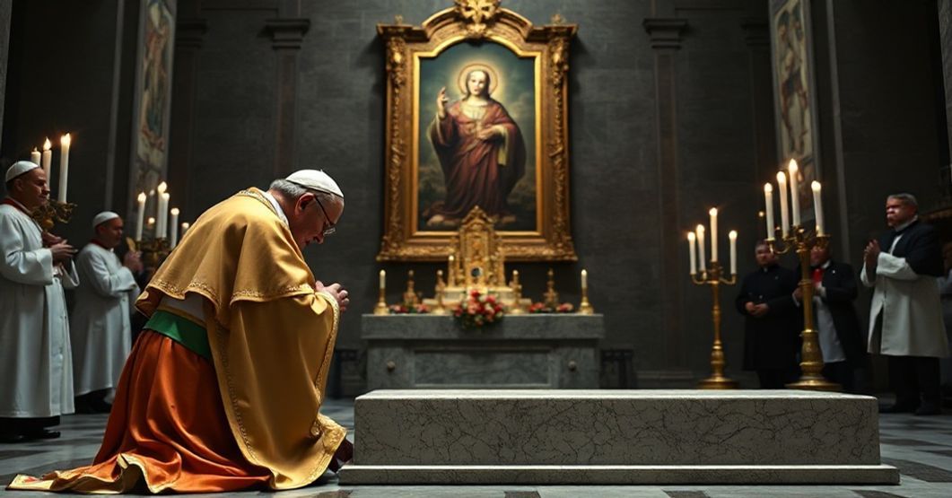 Obraz przedstawiający neo-kościelny rytuał przy grobie fałszywego papieża w bazylice Santa Maria Maggiore.