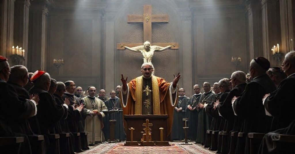 Scena w Watykanie przedstawiająca wystąpienie 'Leona XIV' przed Międzynarodową Komisją Teologiczną. Otoczony przez biskupów w nowoczesnych ornatach, na tle krzyża i symboli ekumenicznych.