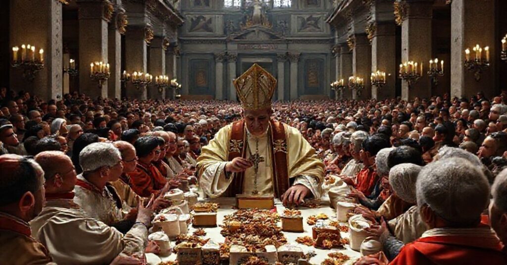 Realistyczny obraz przedstawiający neo-modernistycznego 'papieża' Leona XIV podczas bankietu z ubogimi w Bazylice św. Piotra w Watykanie.