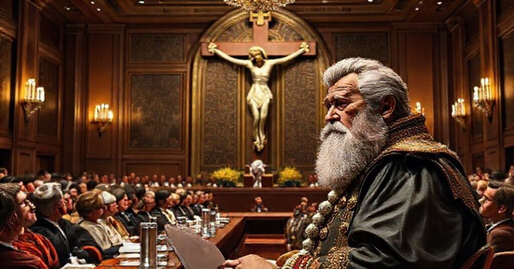 Fotografia przedstawiająca pseudo-papieża Leona XIV podczas przemówienia na VII Włoskiej Konferencji Narodowej na temat uzależnień. Na tle widoczny jest krzyż.