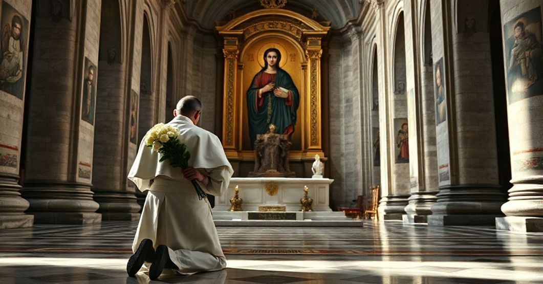 Mężczyzna w papieskich szatach nowego rytu modli się przy grobie Franciszka w Bazylice Santa Maria Maggiore z ikoną Salus Populi Romani w tle