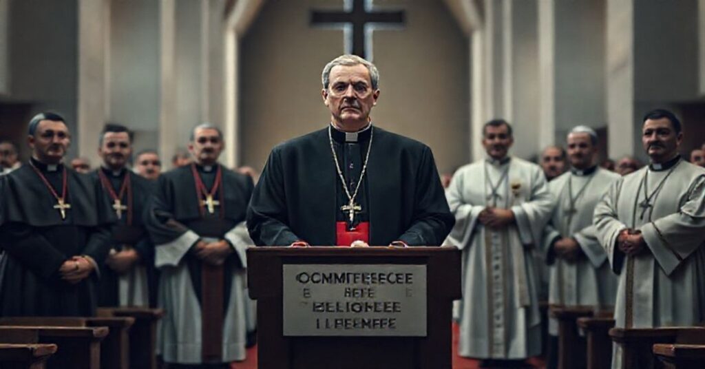 Wewnętrze kościoła z fałszywymi hierarchami w nowoczesnych szatach liturgicznych, przy stoisku Komitetu Wolności Religijnej.