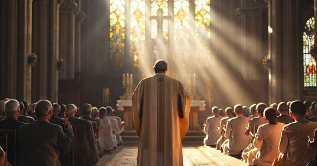 Ksiądz w tradycyjnych szatach liturgicznych trzyma kopię encykliki Piusa XI Quas primas przed ołtarzem z wiernymi modlącymi się za panowaniem Chrystusa Króla.