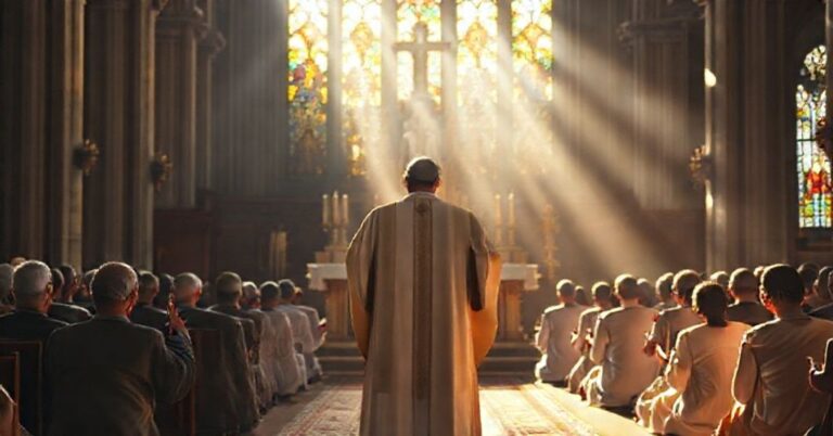 Ksiądz w tradycyjnych szatach liturgicznych trzyma kopię encykliki Piusa XI Quas primas przed ołtarzem z wiernymi modlącymi się za panowaniem Chrystusa Króla.