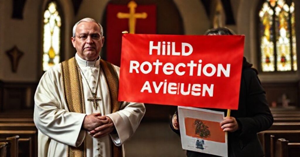 Kapłan tradycyjny w katolickim stroju liturgicznym stoi obok aktywisty trzymającego czerwony baner ochrony dzieci, symbolizując współpracę neokatolickiej z rewolucyjnymi organizacjami.