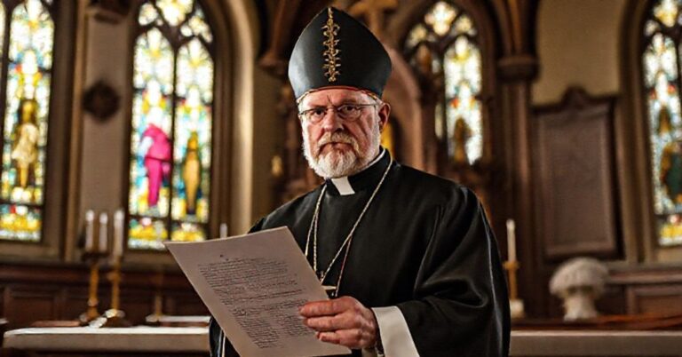 Biskup Józef Wróbel SCJ w tradycyjnym wnętrzu kościelnym, trzymający dokument krytykujący nowoczesne podejście do płodności pozaustrojowej i chrztu.