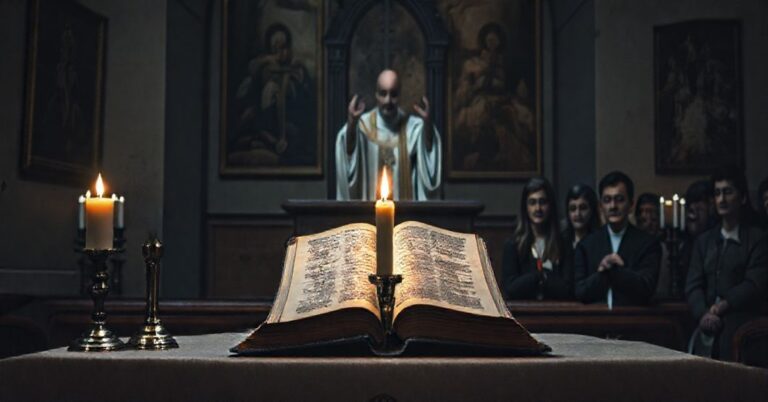 Poważna scena kościelna przedstawiająca tradycyjny ołtarz z zamkniętą starą Biblią, krzyżem i płonącym wotywem. W tle postać przypominająca nowoczesnego "papieża" gestykuluje niejasno podczas przemówienia do grupy niepewnych słuchaczy.